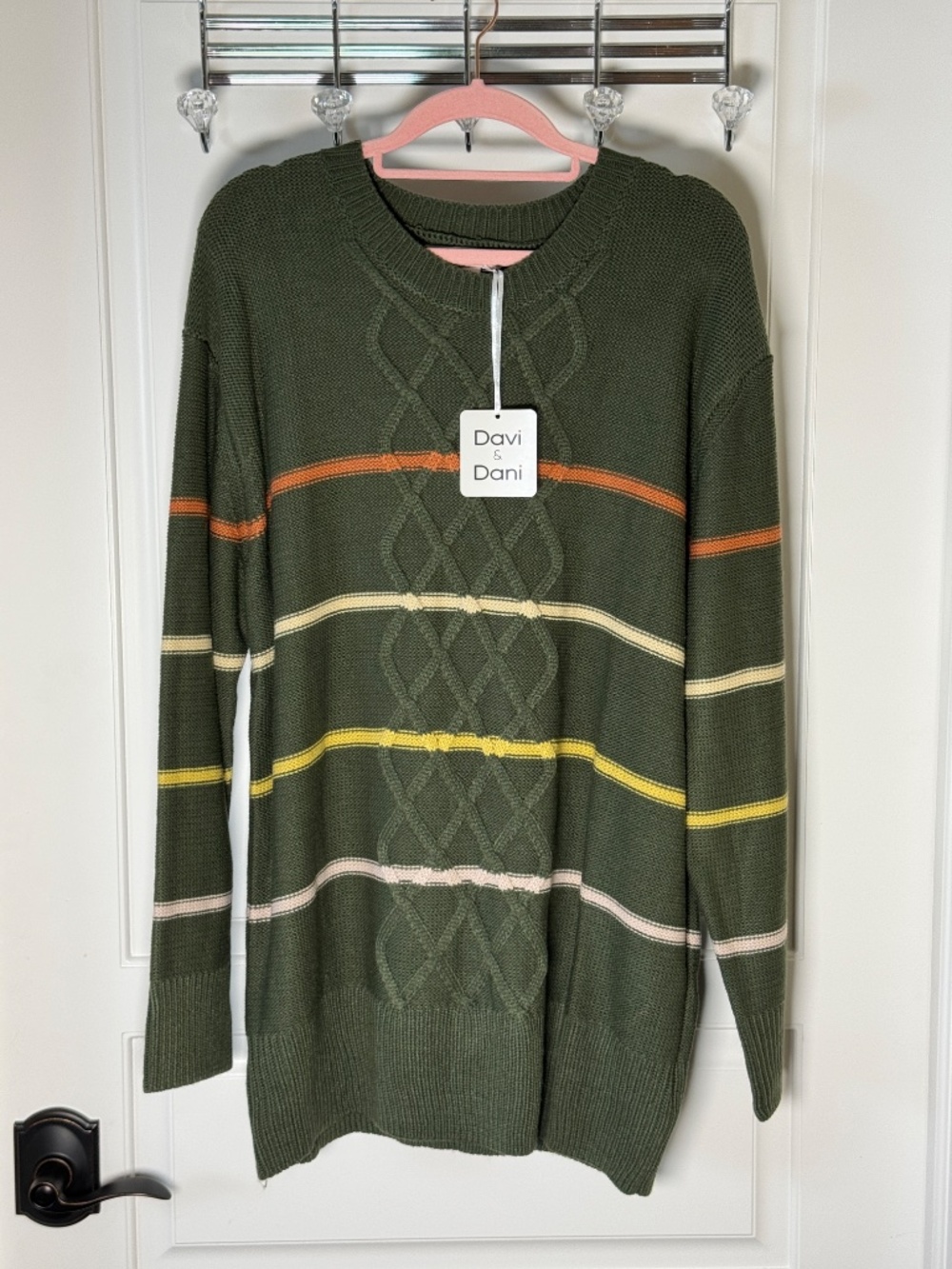 DAVI & DANI ARMY GREEN STRIPE CABLE KNIT SWEATER SIZE LARGE - NWT - Picture 4 of 14